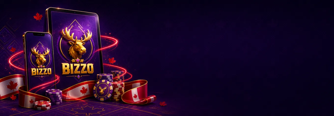 Bizzo Casino app with the golden moose logo on a smartphone and tablet with a Canadian ribbon