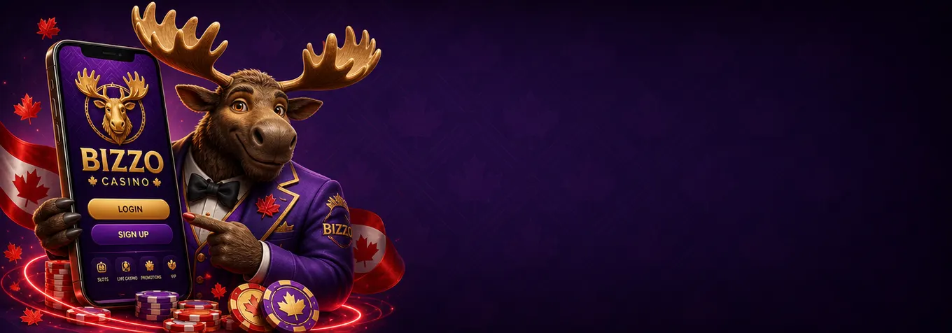 Bizzo Casino moose mascot pointing at a smartphone showing the casino app