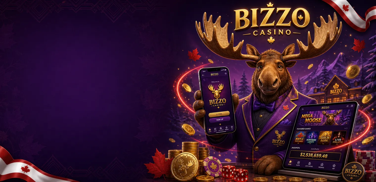 Bizzo Casino moose mascot holding a smartphone with the casino app