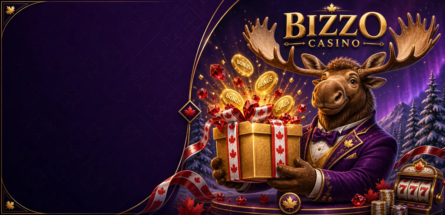 Bizzo Casino moose mascot holding a golden gift box with Canadian red-and-white ribbon