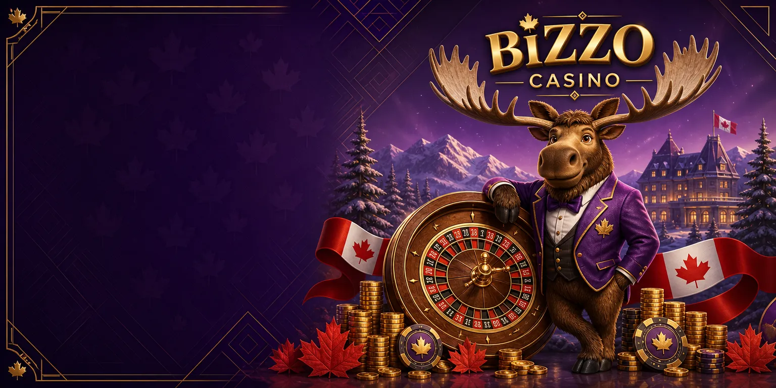 Bizzo Casino moose mascot in a suit beside a golden roulette wheel with Canadian red-and-white maple-leaf accents
