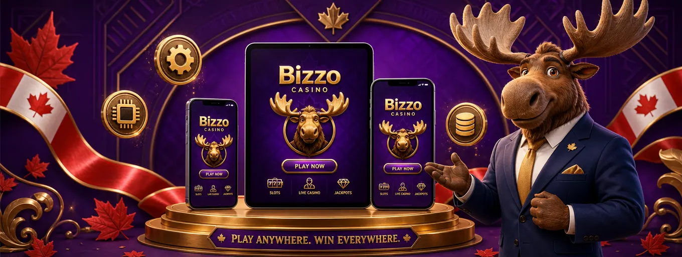 Compatible Bizzo Casino devices: tablet and smartphones with the app on a gold podium