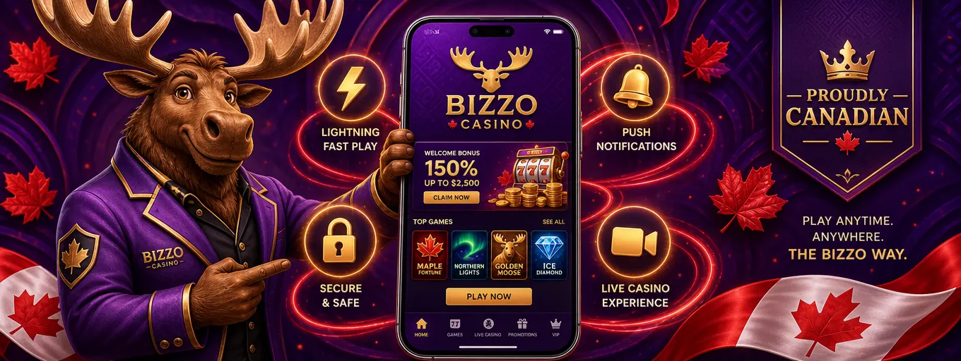 Bizzo Casino app features with golden icons for speed, security and live video