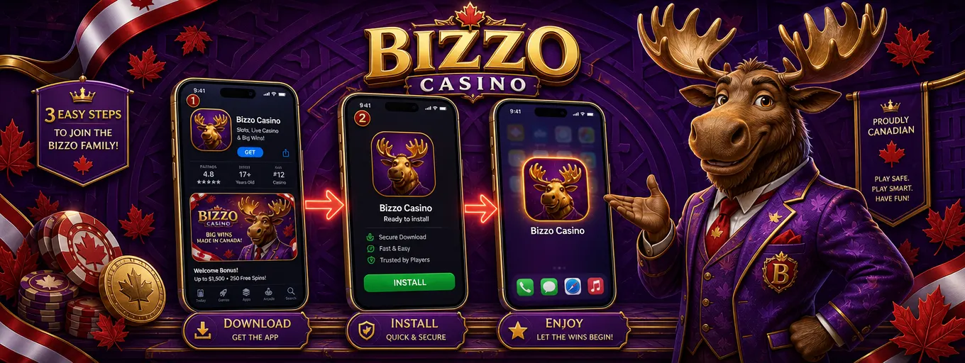 Bizzo Casino app installation steps on three smartphone screens