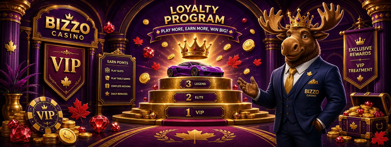 Bizzo Casino VIP program with golden levels, a laurel crown and a Porsche reward