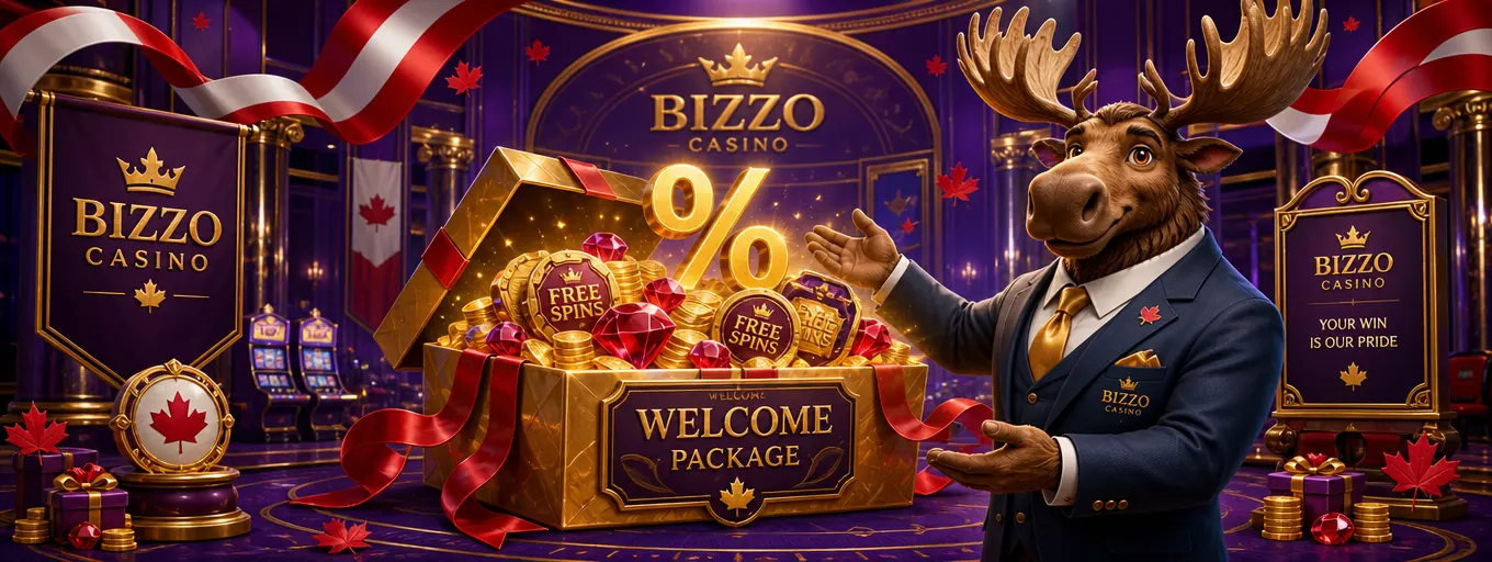 Bizzo Casino welcome package: an open golden gift box with coins and red gems