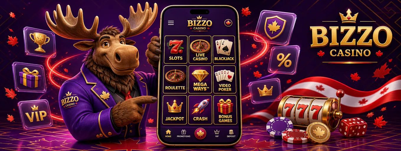 Bizzo Casino moose mascot holding a smartphone with a grid of casino game tiles