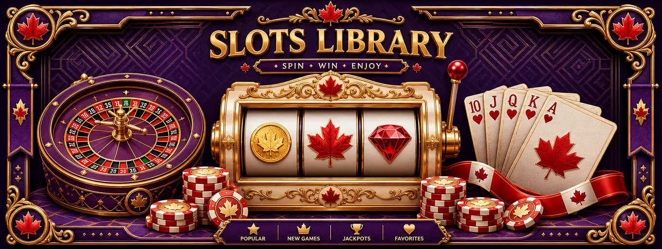 Bizzo Casino slots library with a golden slot machine, roulette wheel and playing cards