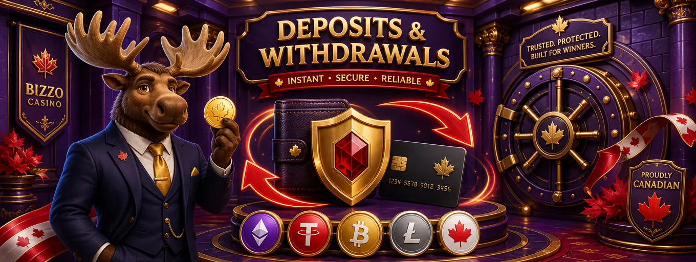 Secure Bizzo Casino payment methods with a golden shield, card and chips