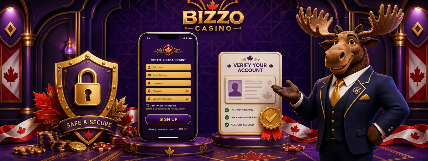 Bizzo Casino sign-up form on a phone with a golden shield and verified document, presented by the moose mascot